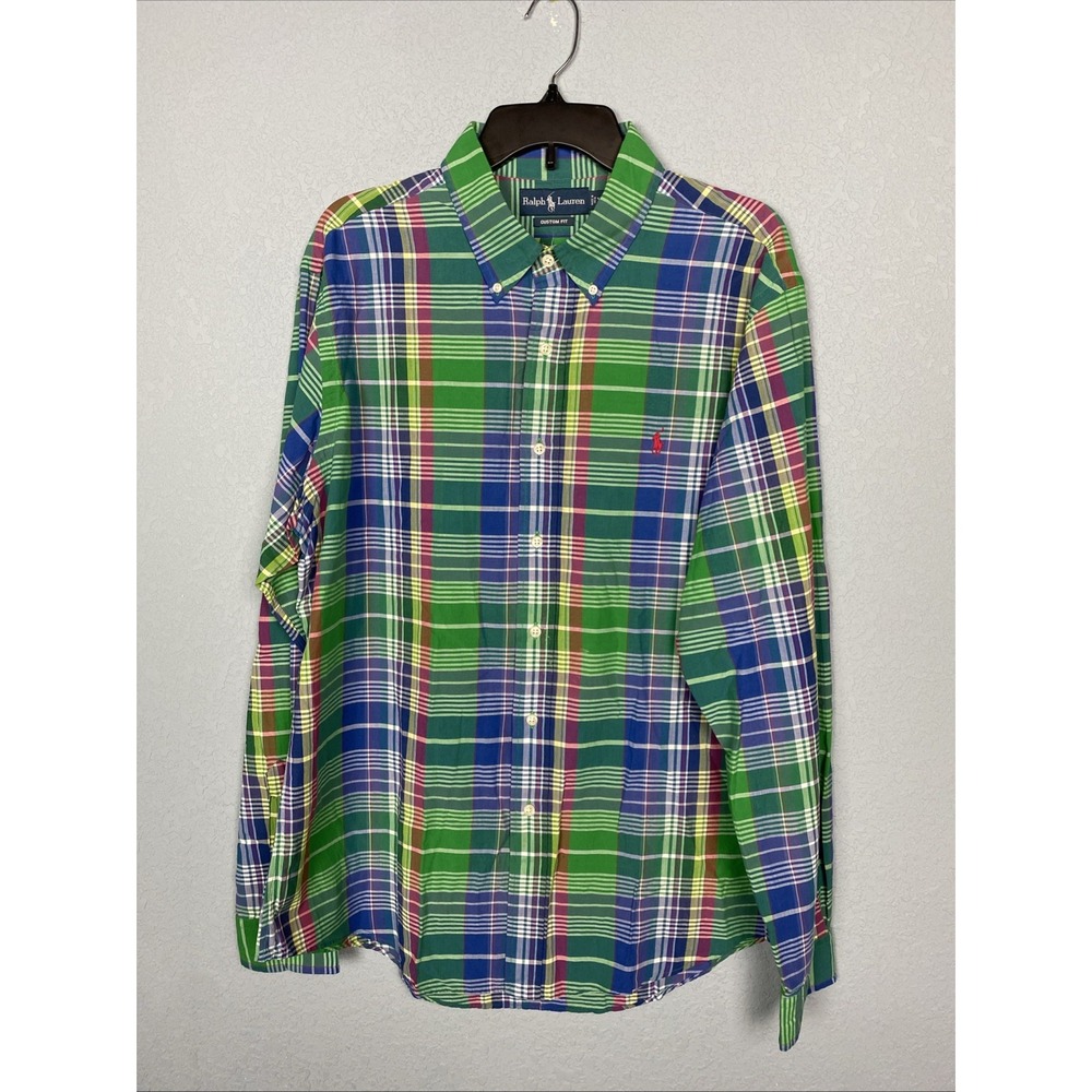 Ralph Lauren Mens XL Classic Fit  Plaid Cotton Shirt Colorful Green Blue Pony‎